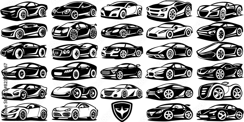 Sports car logo icon set. Motor vehicle silhouette emblems. Auto garage dealership brand identity design elements. Vector illustrations. Sports car logo icon set. Motor vehicle silhouette emblems. Auto garage dealership brand identity design elements. Vector illustrations.