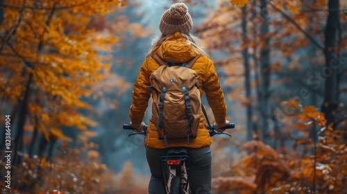 Cyclist with a yellow jacket and backpack seen from behind, riding through a forest in autumn