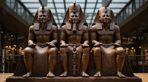 Three detailed Egyptian statues displayed in a modern museum, capturing ancient culture and history photo