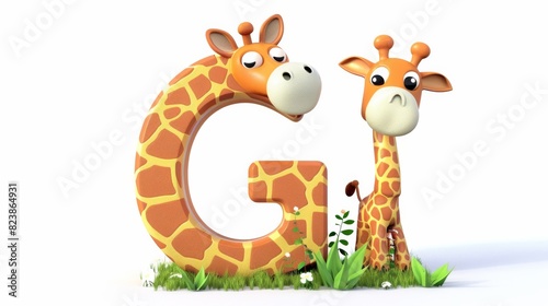 A giraffe is standing in front of the letter G