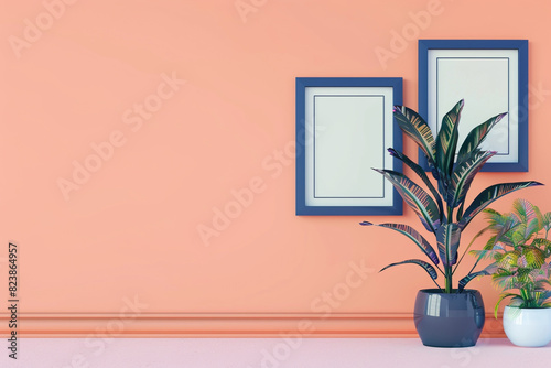 a mock-up featuring two empty posters in navy blue frames on a pastel peach wall.