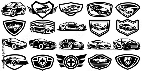 Sports car logo icon set. Motor vehicle silhouette emblems. Auto garage dealership brand identity design elements. Vector illustrations.