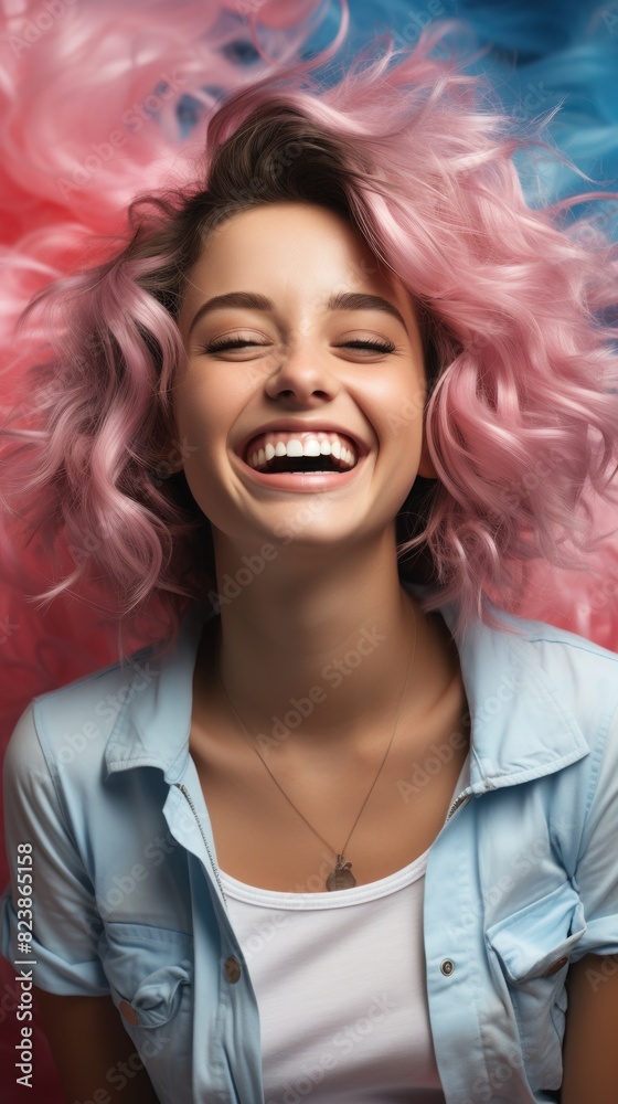 A radiant woman with vibrant pink hair exudes contagious laughter against a colorful backdrop