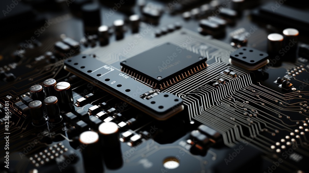 A detailed close-up of a circuit board with a microchip highlighting the complexity and advanced technology of electronic components A detailed close-up of a circuit board with a microchip highlighting the complexity and advanced technology of electronic components