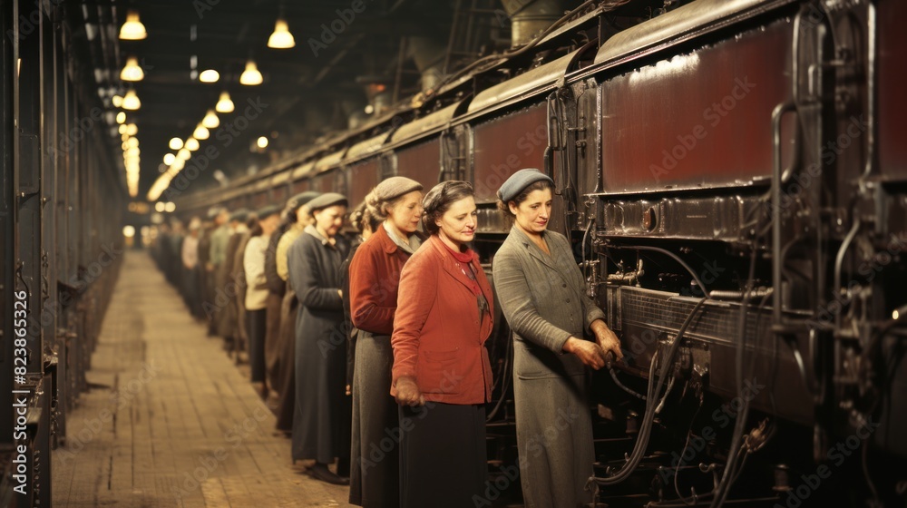 Vintage style image of women workers in line next to a steam locomotive in an industrial setting