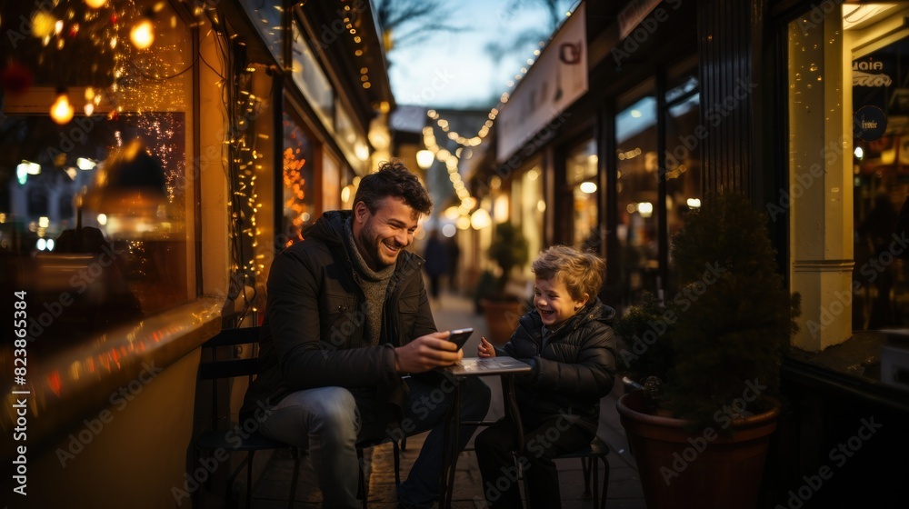 Cheerful father and young son sharing a moment while using a smartphone at a cafe with festive lights