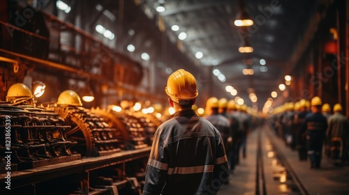 A male worker in a hardhat looks out over a busy industrial factory floor with glowing molten metal