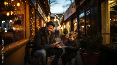 Cheerful father and young son sharing a moment while using a smartphone at a cafe with festive lights