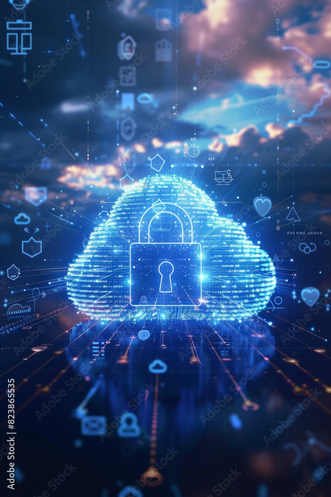 A padlock icon hovering in the center with a cloud shape in the background, surrounded by digital shields and encrypted codes, signifying robust cloud security and data protection.