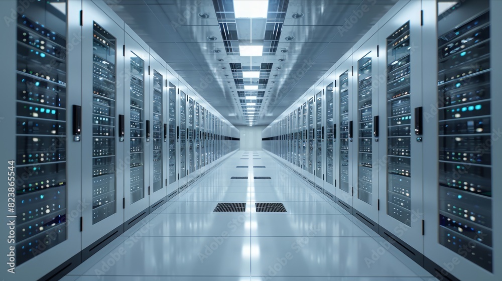 Modern data center with high-tech servers in a spotless environment Modern data center with high-tech servers in a spotless environment