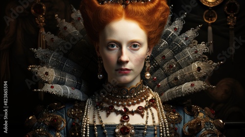 A detailed portrait of a woman in opulent Elizabethan-era attire against a dark backdrop