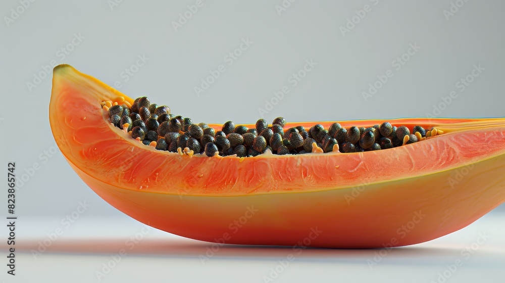 Side view of a ripe papaya with vibrant orange flesh, seeds clearly visible, sharp and detailed, white isolated background, photorealistic rendering Side view of a ripe papaya with vibrant orange flesh, seeds clearly visible, sharp and detailed, white isolated background, photorealistic rendering