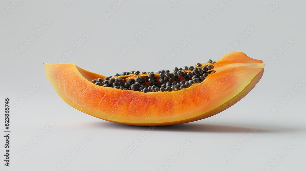 Side view of a ripe papaya with vibrant orange flesh, seeds clearly visible, sharp and detailed, white isolated background, photorealistic rendering Side view of a ripe papaya with vibrant orange flesh, seeds clearly visible, sharp and detailed, white isolated background, photorealistic rendering