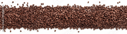 Wide banner with coffee beans arranged in a horizontal line isolated on a white background