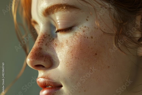 Side view of a youthful face, soft natural light, smooth skin, slight smile, photorealistic, high definition, subtle freckles, focused on delicate features, background in muted tones