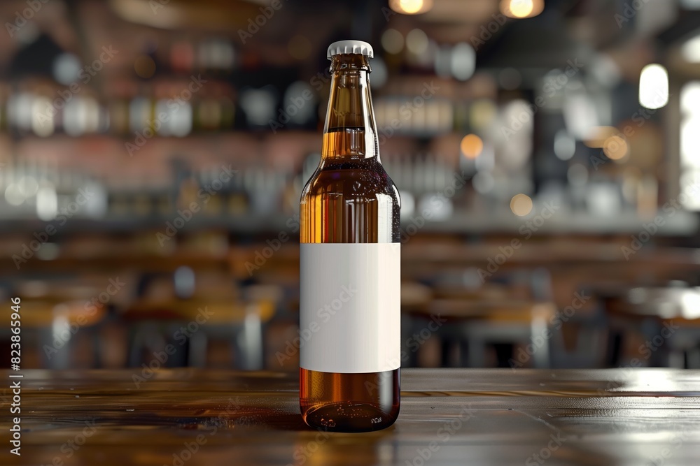 A brown beer bottle with blank label in a cozy bar at evening time A brown beer bottle with blank label in a cozy bar at evening time