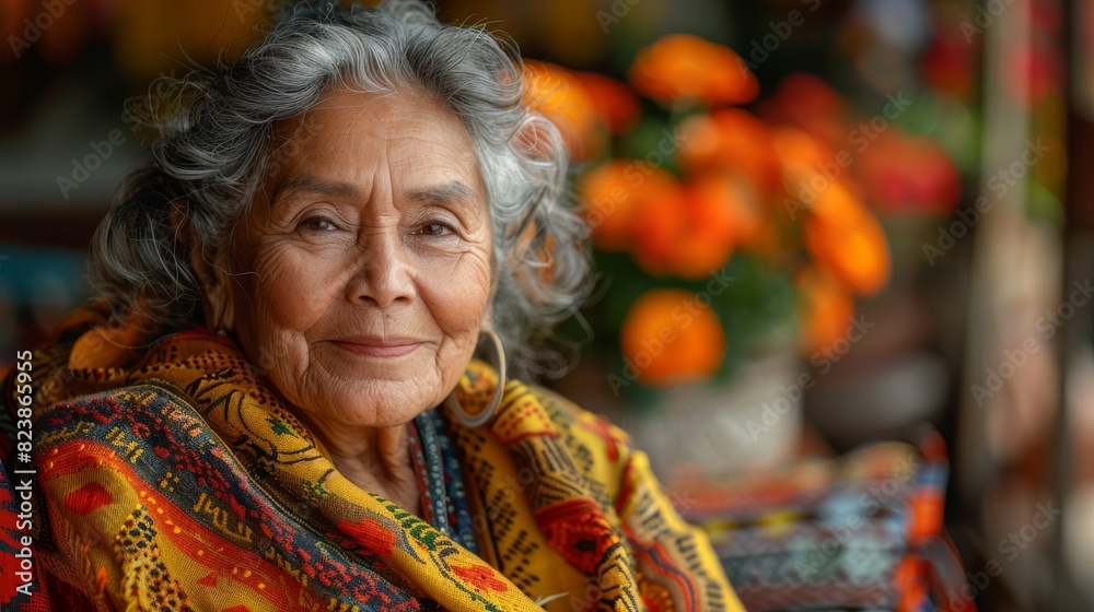 A dignified elderly woman dressed in bright traditional clothing sits comfortably at home