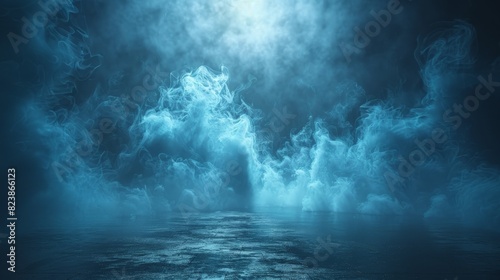 Enigmatic blue smoke swirls against a dark backdrop, giving a sense of mystery and abstraction