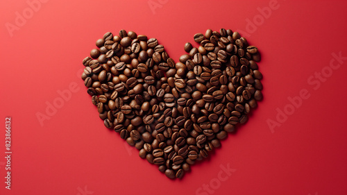 Heart shape made of coffee beans on a red background