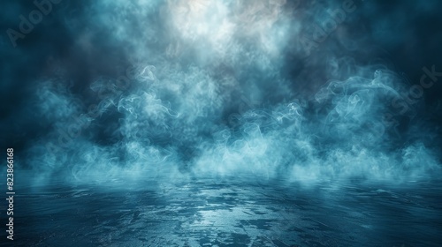 Swirling blue abstract smoke formations set against a dark background creating a mystical vibe
