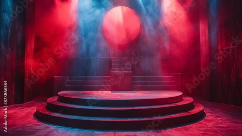 A theatrical stage design with striking red and blue lighting, a central sphere, and mist for dramatic impact, symbolizing performance and spectacle photo