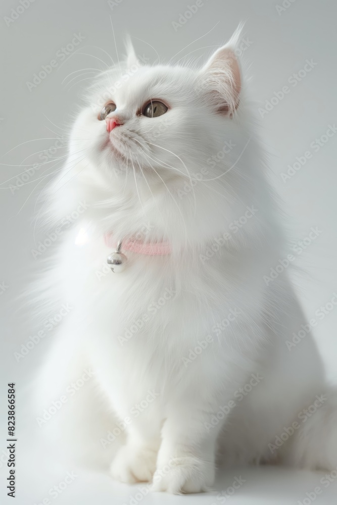 Obraz premium A white cat with a pink collar sits on a white surface