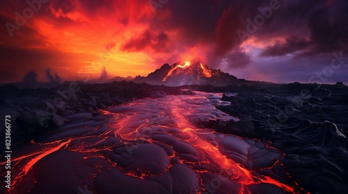 Majestic Volcanic Eruption at Twilight: A Fiery Display of Nature’s Power. Generative AI