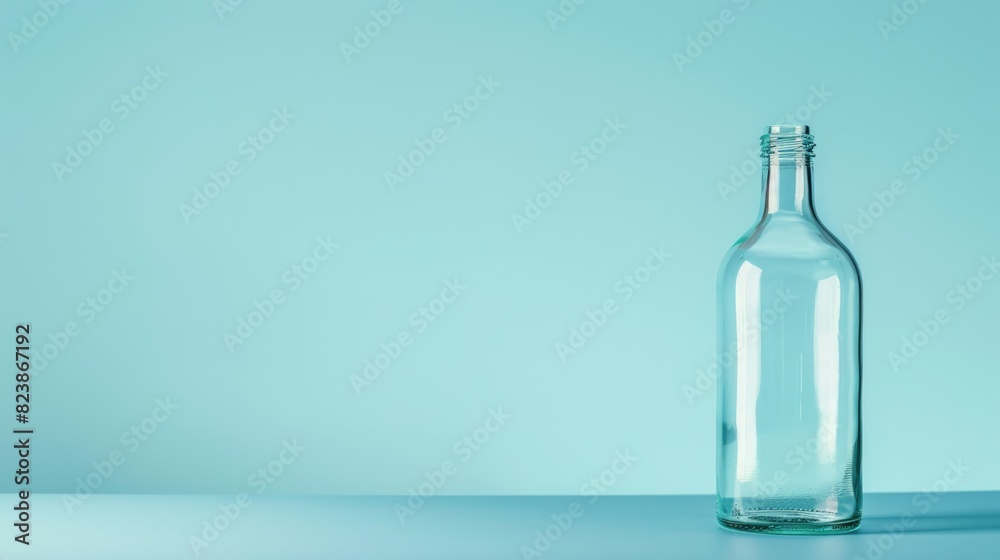 Empty glass bottle on blue background with copy space Empty glass bottle on blue background with copy space