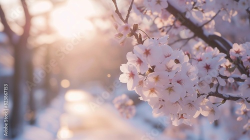 Breathtaking Cherry Blossoms at Golden Hour: A Serene Springtime Scene. Generative AI