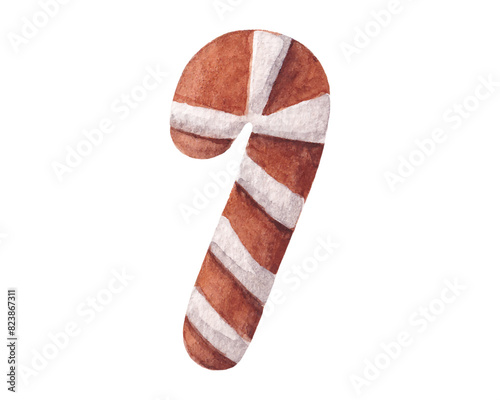 Christmas Candy Cane Gingerbread Cookie, Hand drawn Watercolor texture Vector Illustration isolated on white background