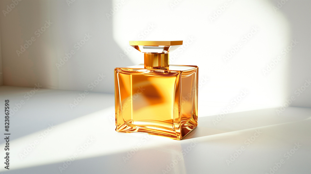 Luxurious and shiny square perfume bottle on a light background Luxurious and shiny square perfume bottle on a light background