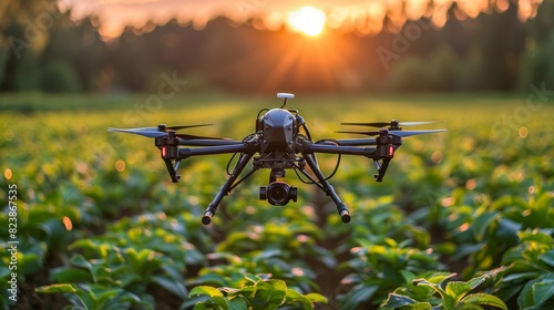 An agricultural drone equipped with a camera flies over a green crop field during a beautiful sunset