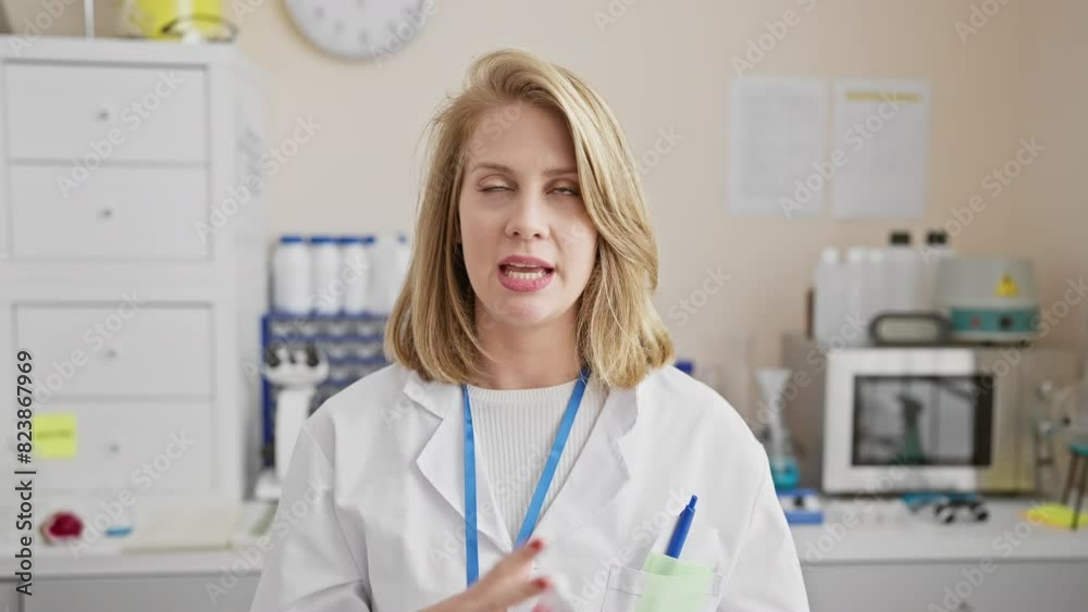 Confident blonde woman in lab coat standing in a laboratory with medical equipment in the background Confident blonde woman in lab coat standing in a laboratory with medical equipment in the background