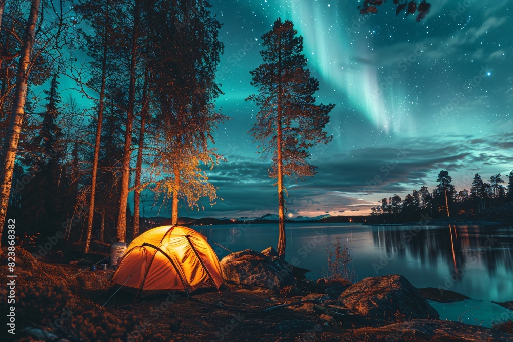 Under the Night Aurora, Yellow Tent Outdoor Camping, Beautiful Natural Scenery - Concept of Healthy Lifestyle, Escape from the City, Leisure Activities