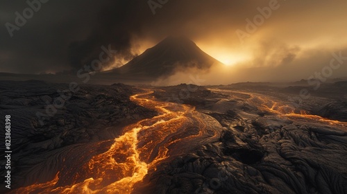 Majestic Volcanic Eruption at Dusk: A Riveting Display of Nature’s Power. Generative AI photo