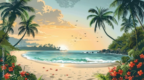 Sunset Tropical Beach Scene with Palm Trees  Red Flowers  and a Calm Ocean Horizon  Ideal for Background with Copy Space  