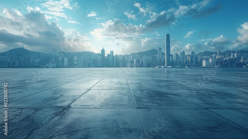 A broad panoramic view of a city skyline from an empty platform, showcasing urban development photo
