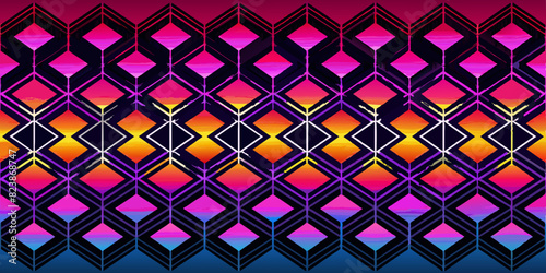 The vibrant pattern of geometric shapes creates a repeating and symmetrical pattern against a gradient background that changes from blue to red. The diamond shapes are outlined in black.AI generated.