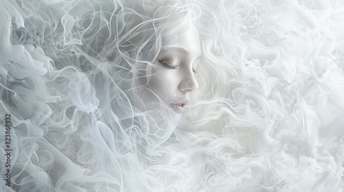 A beautiful albino woman made of smoke against a white background.