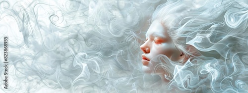 A beautiful albino woman made of smoke against a white background.