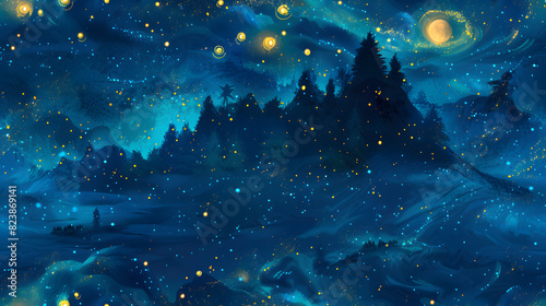 A mystical illustration of a starry night with a silhouette of a pine forest, glowing stars, and a bright moon, creating an enchanting and serene atmosphere suitable for seamless patterns.