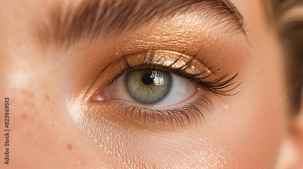 Obraz premium Close-up of a woman's eye with gold eyeshadow and perfectly groomed eyelashes, showcasing beauty and makeup details.