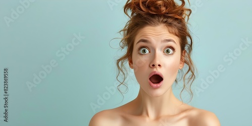 A woman showing astonishment with wide eyes and an open mouth. Concept Facial expressions, Emotional reactions, Reaction to surprise, Shocked facial expression photo