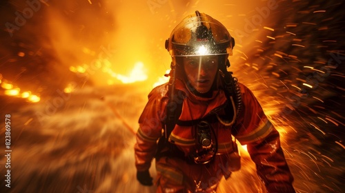 The determined stance of a firefighter is captured in a raging fire with the face intentionally blurred