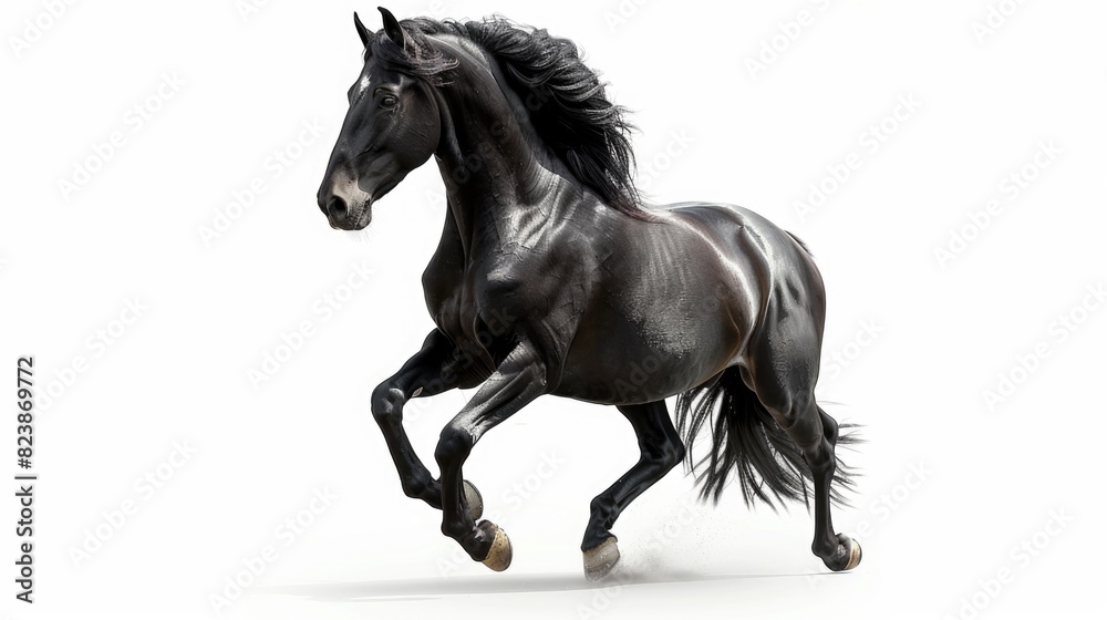 A black horse galloping on a white background. Ideal for equestrian designs