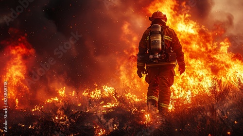A firefighter walks toward a raging wildfire, equipped with a protective suit and an oxygen tank, amidst a fiery landscape