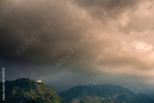 Monserrate and Guadalupe Hills in Bogota Colombia, Cerros de Monserrate y Guadalupe en Bogotá Colombia en un día nublado photo