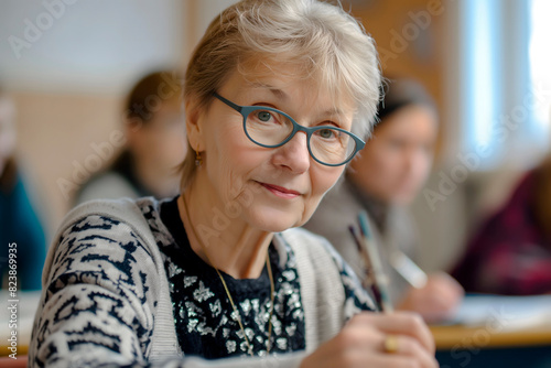 A mature woman is seen studying in an adult education class, embodying the spirit of lifelong learning. This image emphasizes the importance of education for all ages and stages of life photo