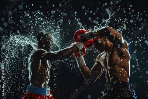 Two men fighting in the water with boxing gloves. Suitable for sports and competition concepts. © Fotograf