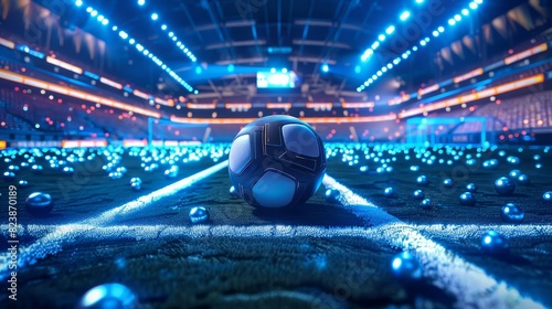 A closeup of a football in the center of a futuristic indoor soccer field photo